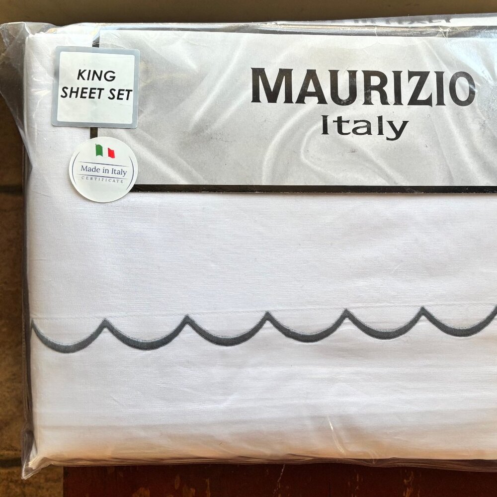 MAURIZIO Italy Gray Embroidery Cotton KING Size Sheet Set - 100% Cotton Percale